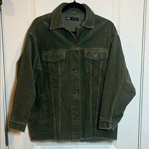 Zara Utility Corduroy Green Oversized Button Down Jacket Raw Hem Small